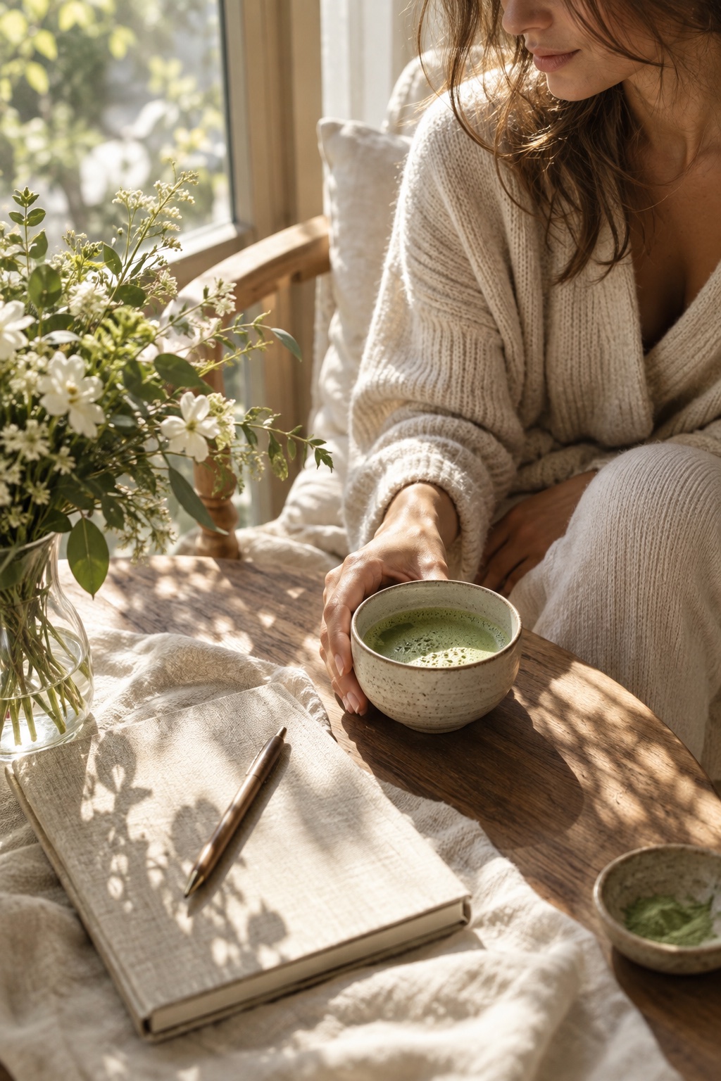 A slow morning with matcha, flowers, and a journal